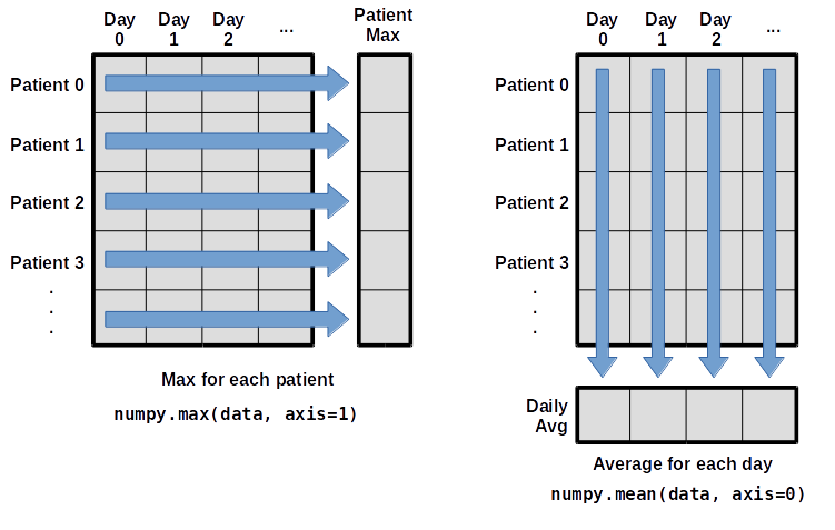 Per-patient maximum inflammation is computed row-wise across all columns usingnumpy.max(data, axis=1). Per-day average inflammation is computed column-wise across all rows usingnumpy.mean(data, axis=0).